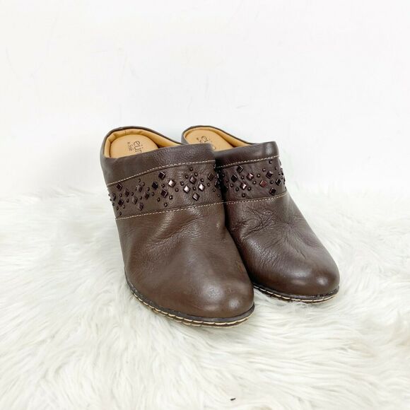 eurosoft Sofft 6 M Womens Brown Leather Stude Slide Heeled Clogs - Picture 1 of 11